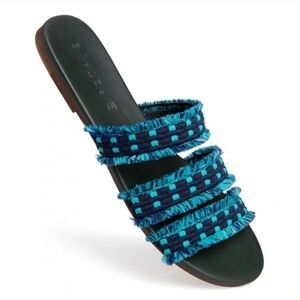 Rothy’s Teal Blue Fringe Triple Band Sandals 9.5